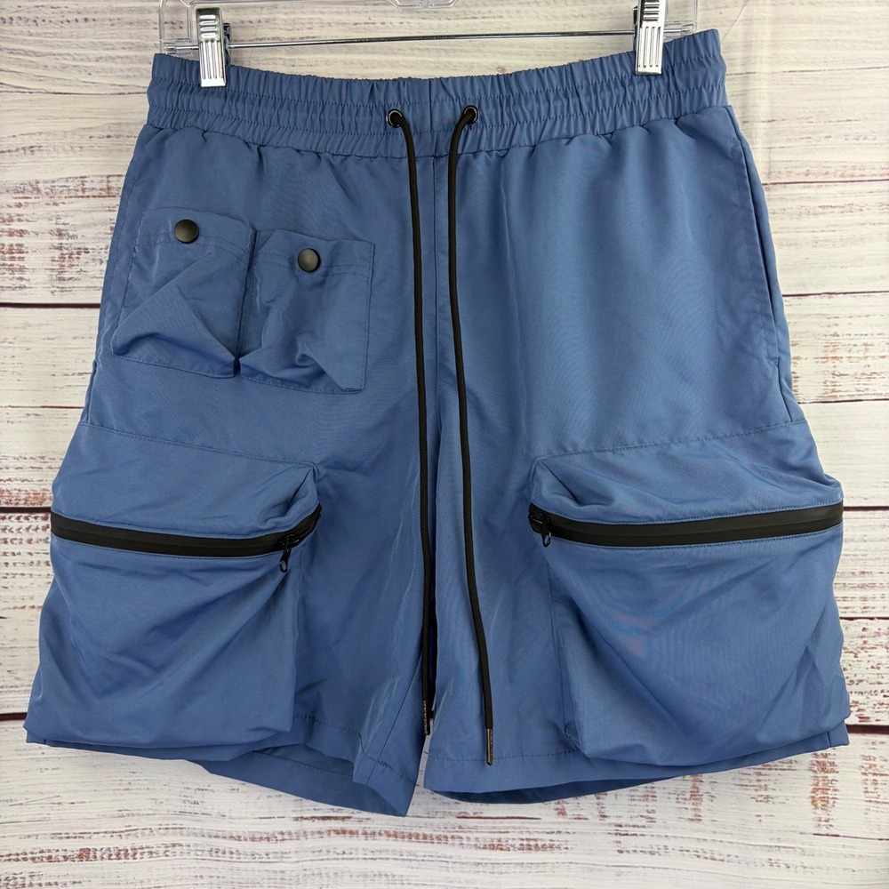 EPTM Mens Small Cargo Shorts Slate Blue Techwear Utility Multi Pocket Streetwear